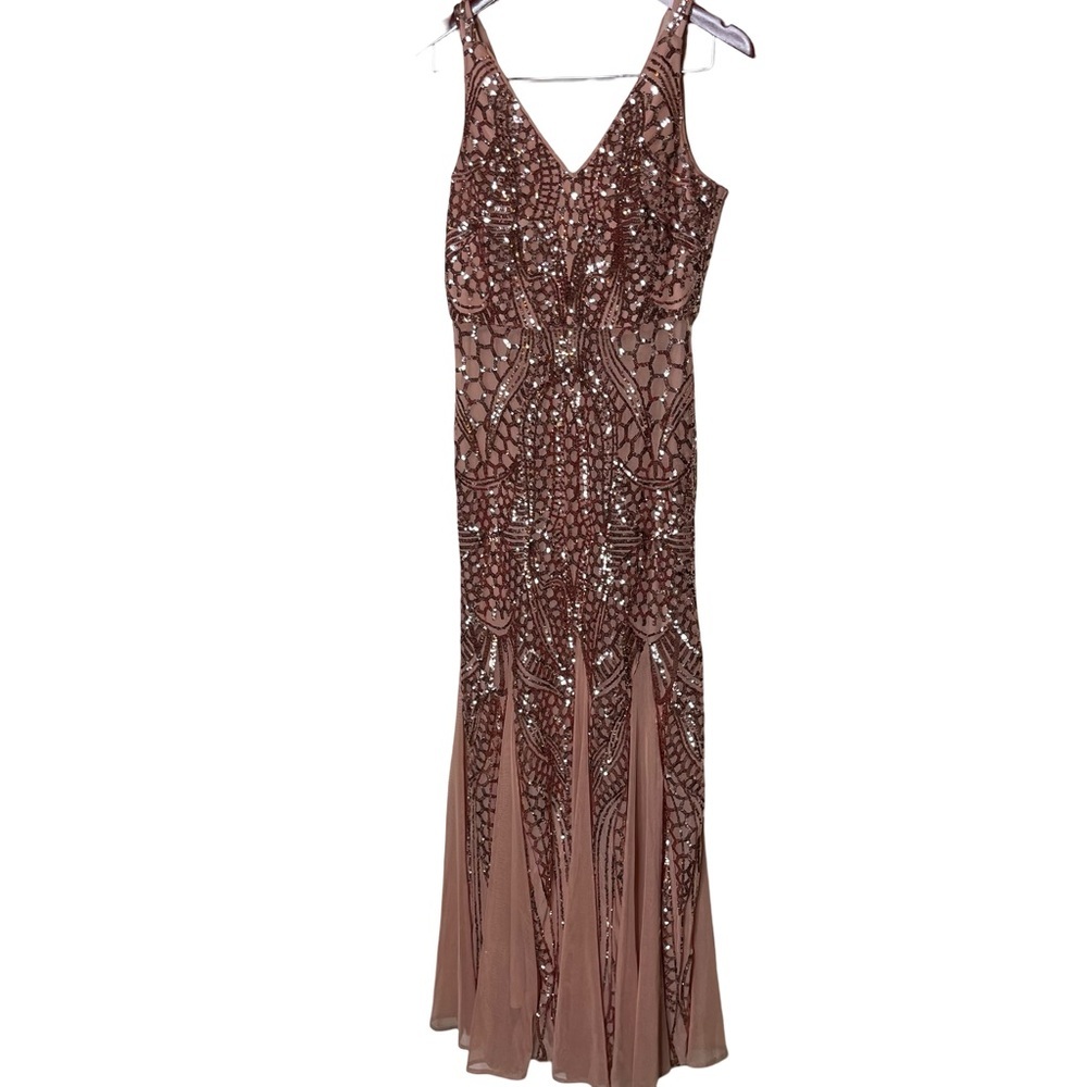 Nightway Women prom Pink Sequin Evening Dress Low Cut Sleeveless V Neck Full 6P